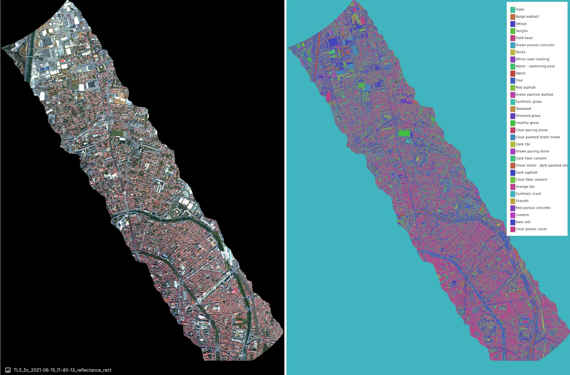 Figure 1. Inference on a test tile from the Toulouse dataset. Left: RGB reflectance image. Right: Clarity (All-labeled) model classification output showing 32 urban land-cover classes.